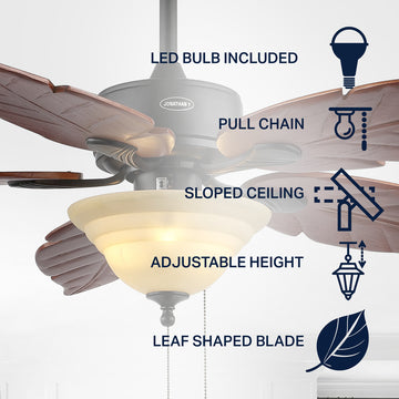 Poinciana 52" Coastal Bohemian Iron/Wood Palm Leaf LED Ceiling Fan with Pull Chain - JONATHAN Y
